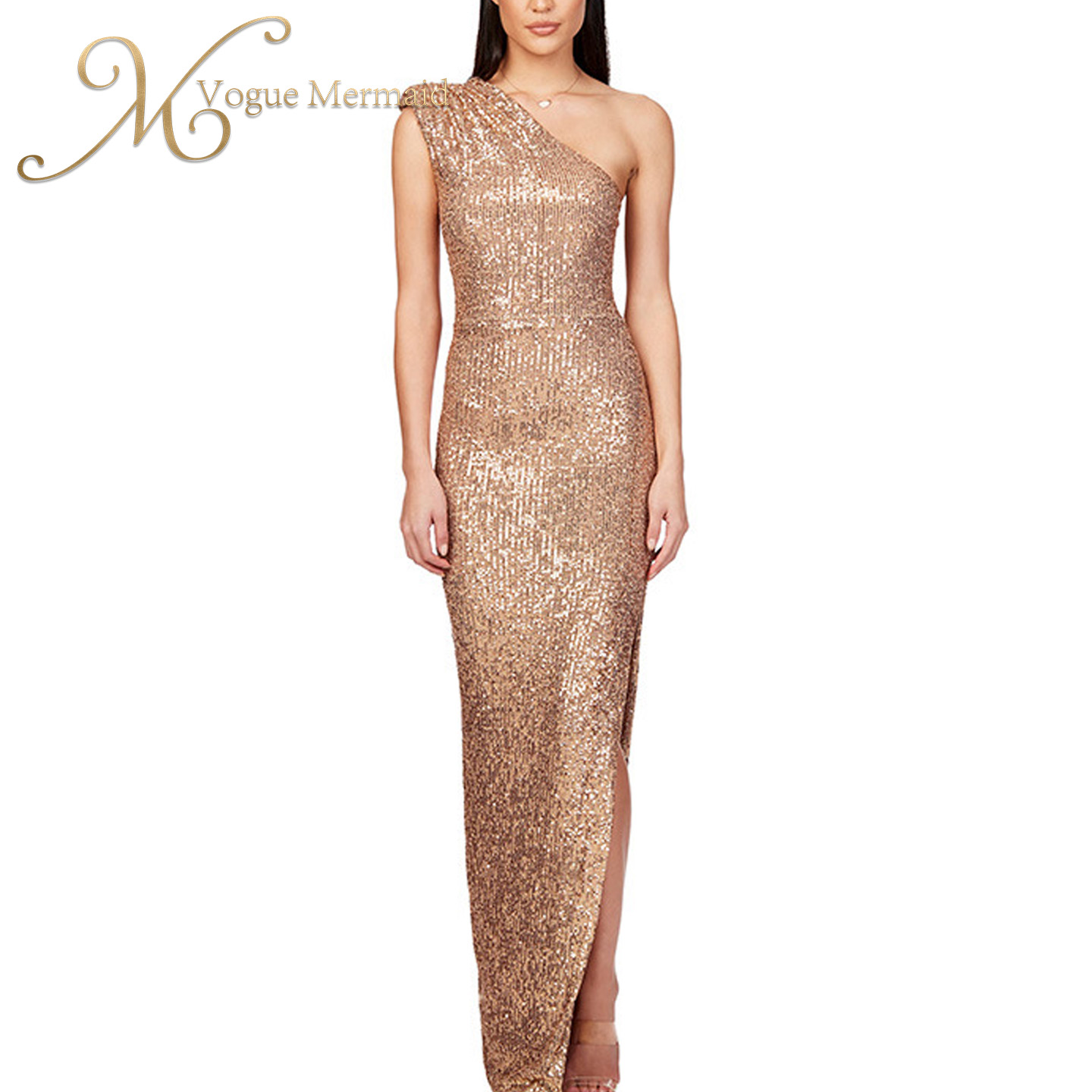 One Shoulder Skirt Slit French Long Champagne Sequin Dress